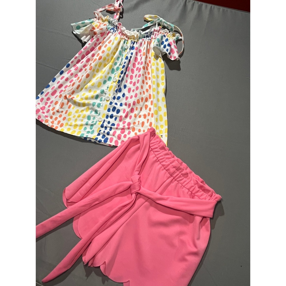Girls Polka Dot Cold Shoulder Top and Scalloped Shorts 2 Piece Set Pink Multi
